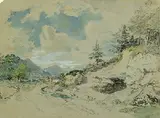 Steinbruch bei einem See mit Straße und Wanderern by Johann Jakob Dorner the Younger, 1830, Watercolour, sold Oct 2004