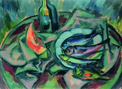 Carl Rabus, Stilleben mit Fischen II, Oil on canvas