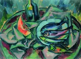 Carl Rabus, Stilleben mit Fischen II, Oil on canvas