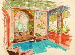 Josef Bato, 22 Bll. Studien, Entwürfe zu Interieurs und Wandmalereien, Gouache