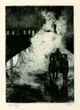 Lesser Ury, Nächtliche Impression (mit Droschke vor Lokomotivendampf), 1924, Etching