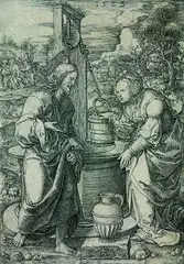 Dirk Vellert, Christus und die Samariterin, 1523, Copper engraving
