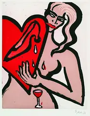 Elvira Bach, 2 Bll.: Frau mit Herz. Liegender Akt mit Erdbeeren, 1996, Etching and aquatint