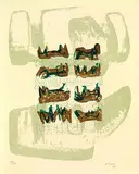 Henry Moore, Eight reclining figures on rock background, 1963, Lithograph in colours