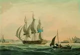 William Heath, Englisches Kriegsschiff und Segelboot vor der Küste, Watercolour