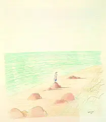 Jean-Jacques Sempé, Mann das Meer grüßend, 1980, Coloured crayon drawing