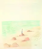 Jean-Jacques Sempé, Mann das Meer grüßend, 1980, Coloured crayon drawing