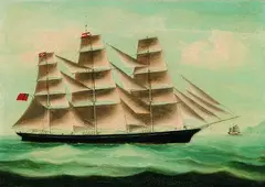 Chinesischer Schiffsporträtist, Englisches Vollschiff vor der chinesischen Küste, Oil on canvas