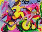 Antonius Hoeckelmann, 2 Gemälde: Figur mit Fahrrad. Figur mit Pferd
