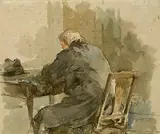 August Richter, Alter Mann, an einem Tisch sitzend, 1840, Watercolour