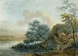 Johan Christoph Dietzsch, Rheinlandschaft mit Angler, 1760, Gouache