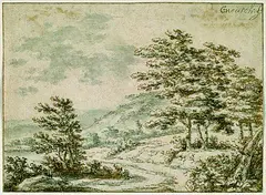 Willem de Heusch, Hügelige Landschaft mit kleinen Baumgruppen, Indian ink