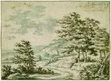 Willem de Heusch, Hügelige Landschaft mit kleinen Baumgruppen, Indian ink
