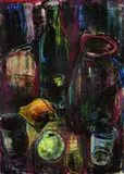 Maria von Heider-Schweinitz, Stillleben mit Flasche und Gläsern, 1947, Gouache