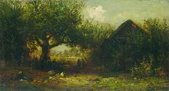 Bauerngehöft by Léon Richet, Oil on panel, sold Oct 2004