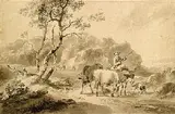 Johann Georg Wagner, Auf einem Esel reitender Bauer, mit Vieh und einem Hund, 1765, Brush and Indian ink drawing