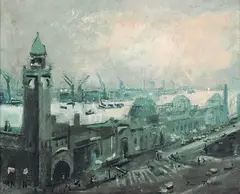 Ronald Franke, Hamburger Hafen, Landungsbrücken, Oil on canvas