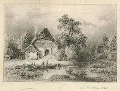 Edmund Koken, Flusslandschaft mit Fischerboot, 1848, Pencil drawing