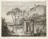 Domenico Quaglio, Weibliche Figur unter einem Tor in italienischer Landschaft mit Sphinx, 1804, Etching