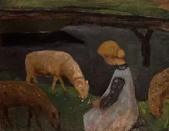Paula Modersohn-Becker, Sitzendes Mädchen mit Schafen am Weiher I, 1903, Oil on cardboard