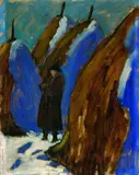 Mann zwischen Heuhocken by Gabriele Münter, Oil on cardboard, sold May 2004
