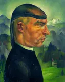 Albert Birkle, Selbstbildnis mit der Frisierhaube, 1923, Öl auf Karton, auf Karton aufgezogen