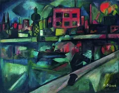 Alois Erbach, Industrielandschaft am Fluss, 1925, Oil on canvas