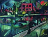 Alois Erbach, Industrielandschaft am Fluss, 1925, Oil on canvas