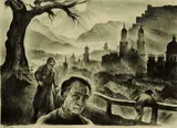 Albert Birkle, Blick auf Salzburg vom Mönchsberg - mit Selbstbildnis, 1945, Charcoal drawing