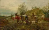 Ludwig Gedlek, Pferdefuhrwerk mit Bauern und Hunden vor einem Bauernhaus, Oil on panel
