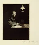Käthe Kollwitz, Selbstbildnis am Tisch (II.Fassung), 1893, Aquatint