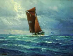Johannes Holst, Finkenwerder Fischkutter HF 76 unter vollen Segeln, 1917, Oil on canvas