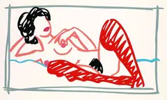 Fast sketch red stocking Nude by Tom Wesselmann, Silkscreen printed in colours, sold Mar 2004