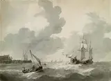 Zugeschrieben - Segelschiff und Boot in frischer Brise vor holländischer Küste by Johannes Christiaan Schotel, Indian ink brush, sold Mar 2004