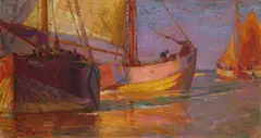 Carl Becker, Heimkehrende Krabbenfischer, Cuxhaven, Oil on canvas