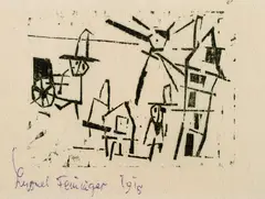 Mann, Häuser, Laterne und Schiebkarren by Lyonel Feininger, 1918, Woodcut, sold Mar 2004