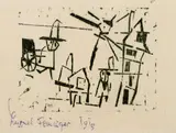 Lyonel Feininger, Mann, Häuser, Laterne und Schiebkarren, 1918, Woodcut