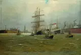 Alfred Jensen, Blick in den Hamburger Hafen mit Dock und der "Cap Polonio"