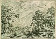Hans Bol, Flußlandschaft mit einer Stadt links im Hintergrund und einem Dorf rechts, 1630, Copper engraving