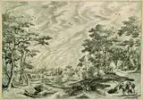 Hans Bol, Flußlandschaft mit einer Stadt links im Hintergrund und einem Dorf rechts, 1630, Copper engraving