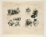 Henry Moore, Eight Sculptural Ideas. Girl writing (Sketchbook Page), 1973, Lithograph printed in colours