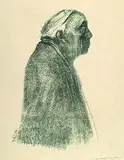 Selbstbildnis im Profil nach rechts by Käthe Kollwitz, Wohl 1938, Kreidelithographie (Umdruck), sold Mar 2004