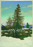 Karl Pferschy, Tannen im Schnee, 1920, Woodcut printed in colours