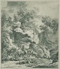 Friedrich Müller, Landschaft mit Wasserfällen, ruhenden Eseln und Treiber, 1770, Etching