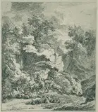 Friedrich Müller, Landschaft mit Wasserfällen, ruhenden Eseln und Treiber, 1770, Etching