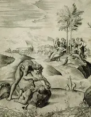 Giulio Sanuto, Apoll schindet Marsyas, 1562, Copper engraving