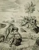 Giulio Sanuto, Apoll schindet Marsyas, 1562, Copper engraving