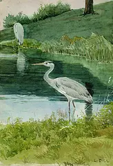 Ludwig Dill, Kraniche am Ufer, Watercolour