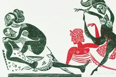 Hansen Bahia, 10 Bll. aus: Lukian - Hetärengespräche, 1970, Woodcut printed in colours
