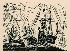Hansaflotte by Lyonel Feininger, 1919, Woodcut, sold Mar 2004